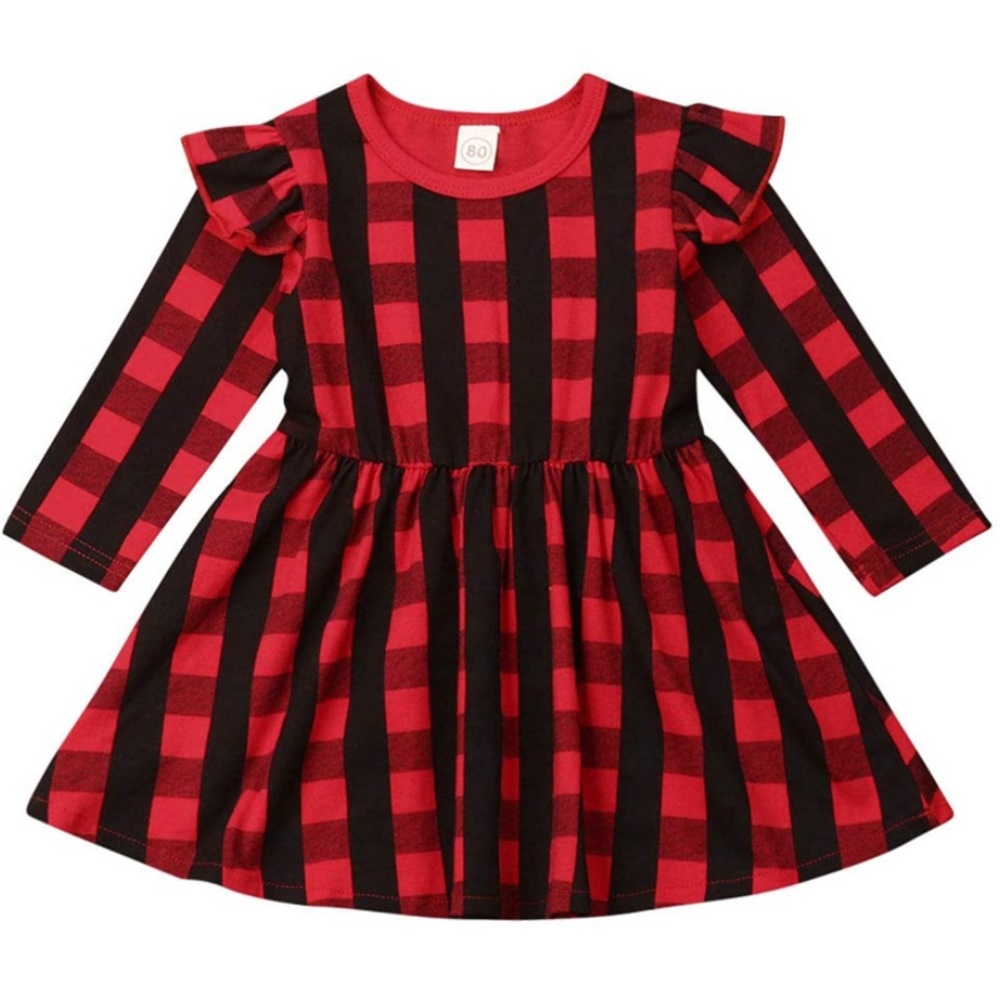 Baby Girls Christmas Dress Ruffle Long Sleeves Crewneck Red Plaid Dress